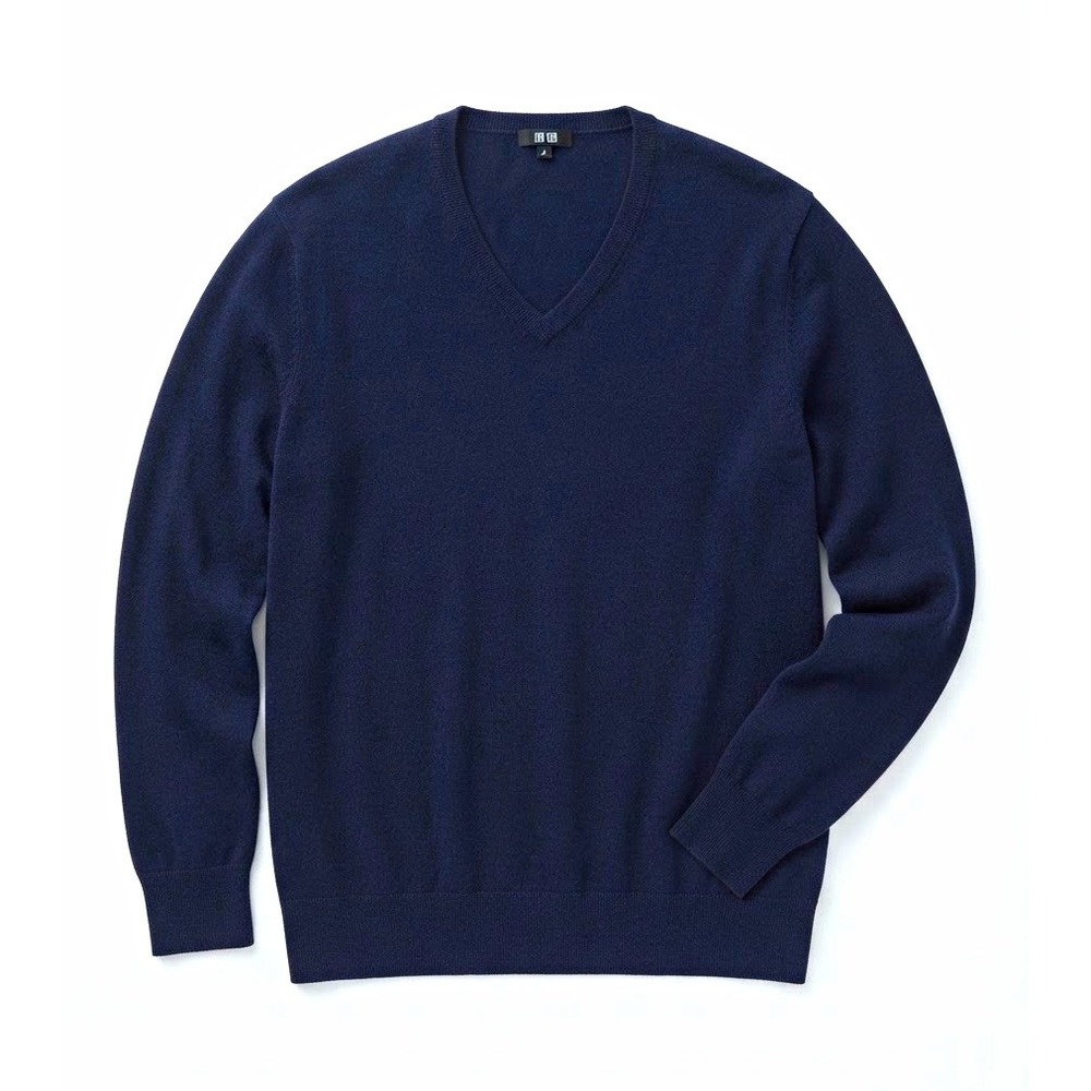 Uniqlo Men XL Blue Wool Knit V-Neck Pullover Sweater Classic Minimalist